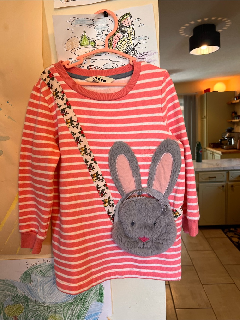 Mini Boden Pink & White Striped Bunny pocket Tunic
